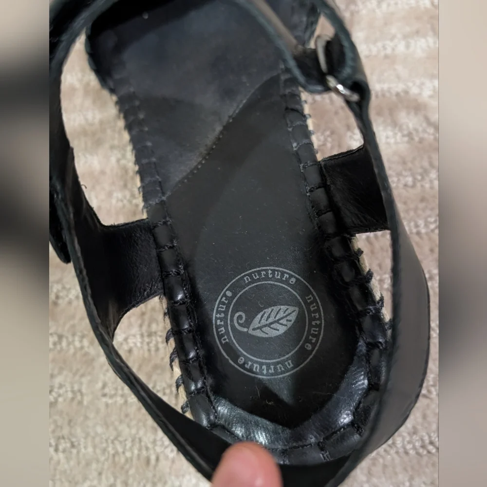 Nurture Black Leather Espadrille Wedge Sandals - Picture 3 of 9